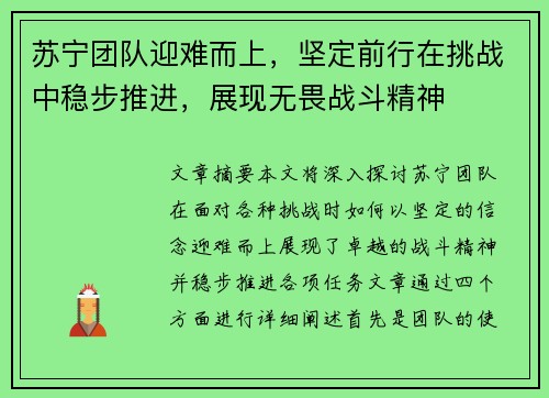 苏宁团队迎难而上，坚定前行在挑战中稳步推进，展现无畏战斗精神
