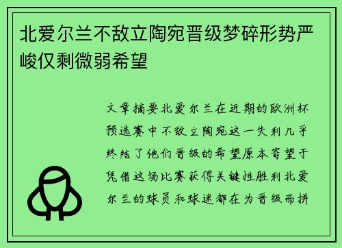 北爱尔兰不敌立陶宛晋级梦碎形势严峻仅剩微弱希望