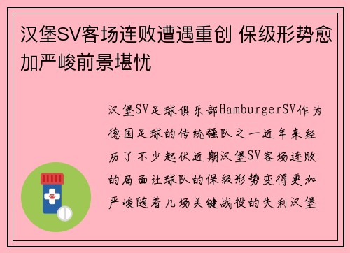 汉堡SV客场连败遭遇重创 保级形势愈加严峻前景堪忧