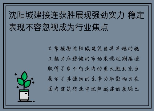 沈阳城建接连获胜展现强劲实力 稳定表现不容忽视成为行业焦点