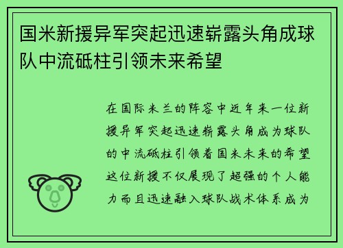 国米新援异军突起迅速崭露头角成球队中流砥柱引领未来希望