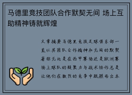 马德里竞技团队合作默契无间 场上互助精神铸就辉煌