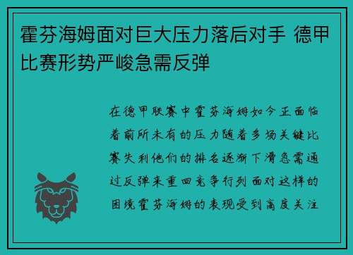 霍芬海姆面对巨大压力落后对手 德甲比赛形势严峻急需反弹