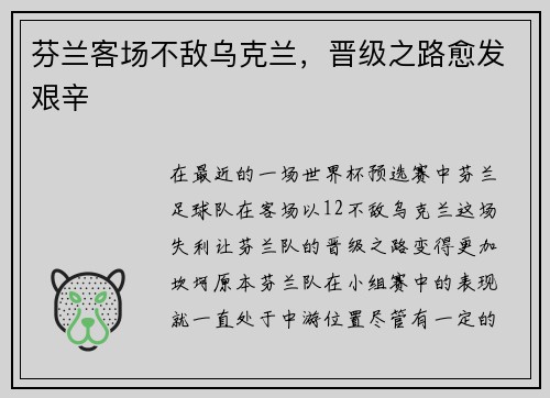 芬兰客场不敌乌克兰，晋级之路愈发艰辛