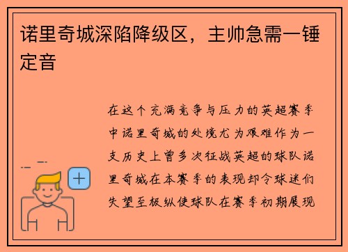 诺里奇城深陷降级区，主帅急需一锤定音