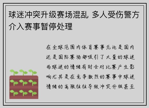 球迷冲突升级赛场混乱 多人受伤警方介入赛事暂停处理