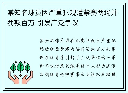 某知名球员因严重犯规遭禁赛两场并罚款百万 引发广泛争议